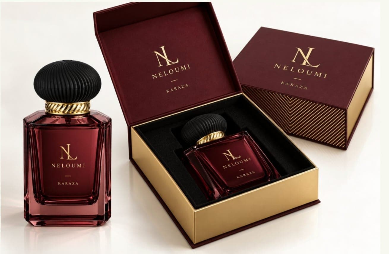 Karaza bottle beside its burgundy and gold box