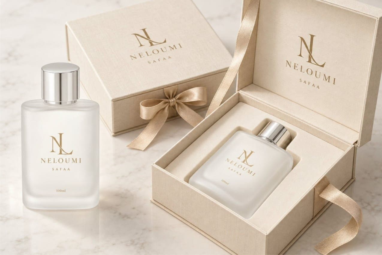 Safaa frosted bottle beside its ivory ribboned box